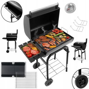 Grill Ogrodowy Węglowy z Pokrywą i KOMINEM BECZKOWY 2 CHROMOWANE RUSZTY