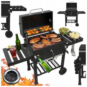 GRILL ZAMYKANY WĘGLOWY OGRODOWY DUŻY POKRYWA PÓŁKI BLAT OTWIERACZ POPIELNIK